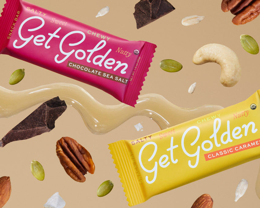 Get Golden Chocolate Sea Salt and Classic Caramel bars floating in a sea of our ingredients 