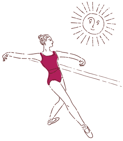 Illustration of a ballerina dancing in front of a smiling sun.
