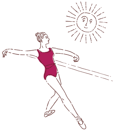 Illustration of a ballerina dancing in front of a smiling sun.