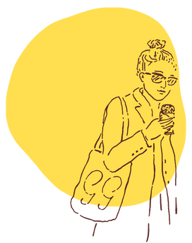 Illustration of woman with tote bag enjoying a Get Golden Bar